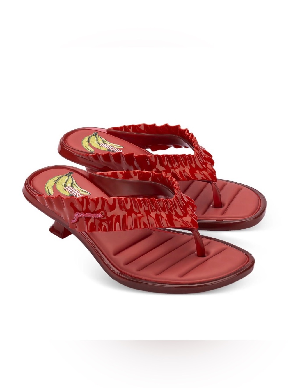 Melissa x Ganni Red Ruffled Thong Sandals Kitten Heel